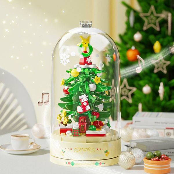 Christmas Tree Building Blocks Music Box Set with Dust-Proof Dome,Xmas Holiday Construction Toy Gift,Home Decor (Starlight Christmas Tree)