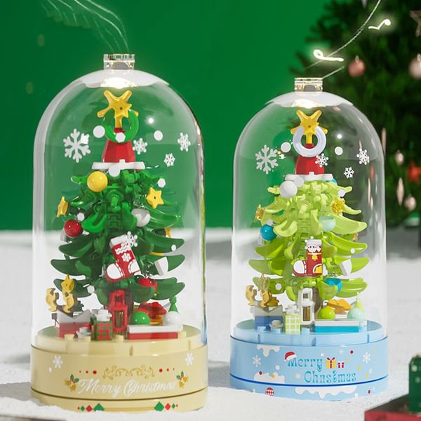 Christmas Tree Building Blocks Music Box Set with Dust-Proof Dome,Xmas Holiday Construction Toy Gift,Home Decor (Starlight Christmas Tree)