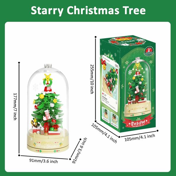 Christmas Tree Building Blocks Music Box Set with Dust-Proof Dome,Xmas Holiday Construction Toy Gift,Home Decor (Starlight Christmas Tree)