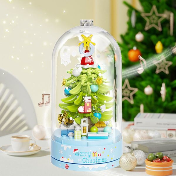 Christmas Tree Building Blocks Music Box Set with Dust-Proof Dome,Xmas Holiday Construction Toy Gift,Home Decor (Snow Christmas Tree)