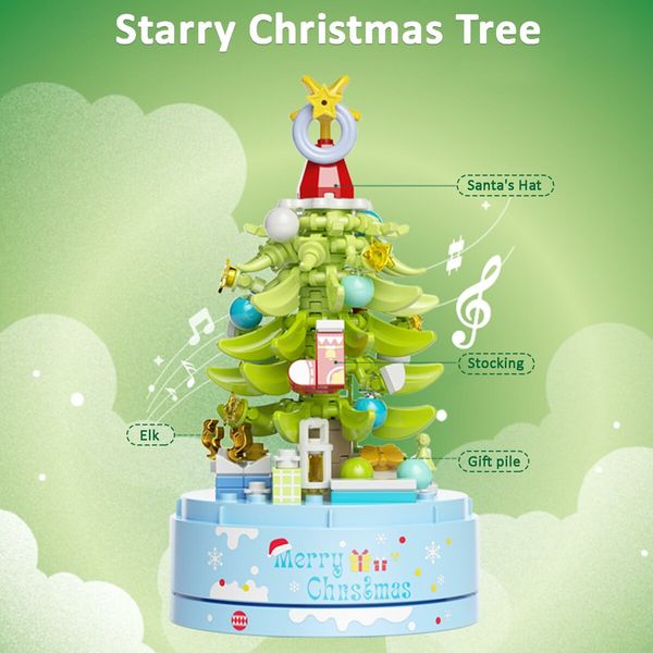 Christmas Tree Building Blocks Music Box Set with Dust-Proof Dome,Xmas Holiday Construction Toy Gift,Home Decor (Snow Christmas Tree)