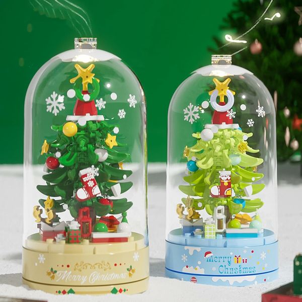 Christmas Tree Building Blocks Music Box Set with Dust-Proof Dome,Xmas Holiday Construction Toy Gift,Home Decor (Snow Christmas Tree)