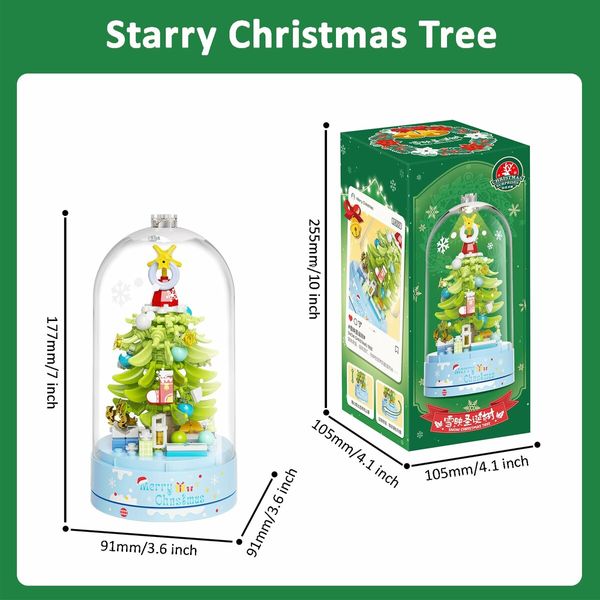 Christmas Tree Building Blocks Music Box Set with Dust-Proof Dome,Xmas Holiday Construction Toy Gift,Home Decor (Snow Christmas Tree)