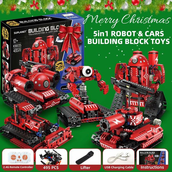 5-in-1 Remote Control and APP Programmable STEM Robot Toys 495 Pcs DIY Building Block Science Educational Kit for Kids Ages 8-14