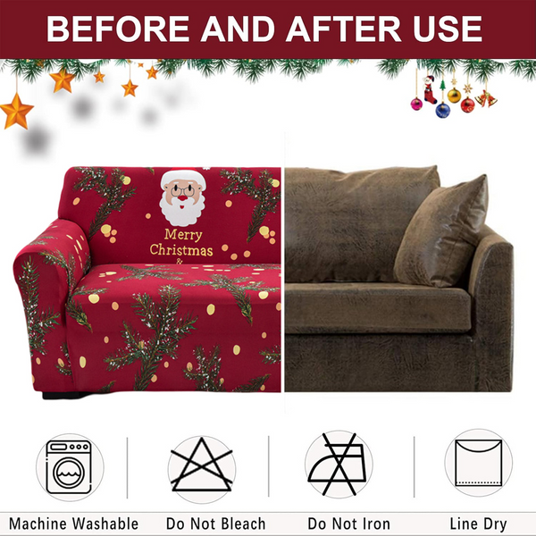 Christmas Sofa Cover Santa Claus Printed Sofa Couch Cover Washable Furniture Protector Christmas Home Room Festival Decoration Size 235-300cm