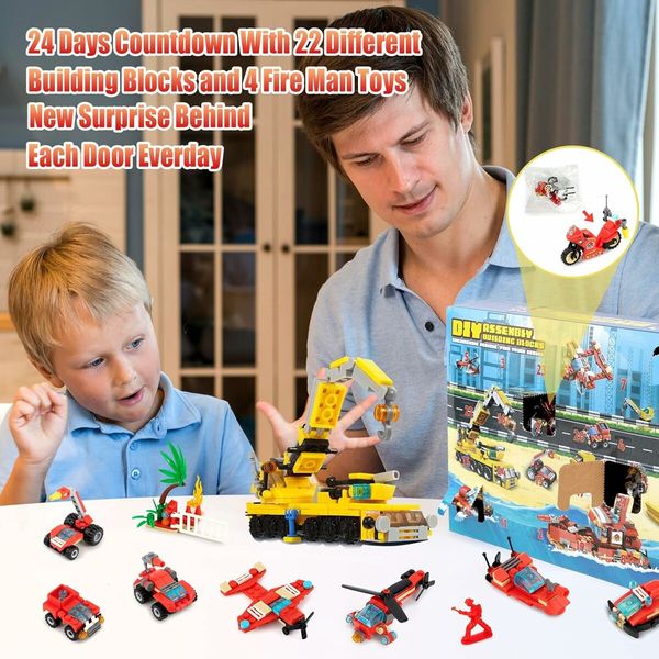 Christmas Advent Calendar, Kids 24 Days Countdown Different Construction Vehicles Fire Truck Building Blocks for Boys Girls Toddlers Teen Age 3 Up