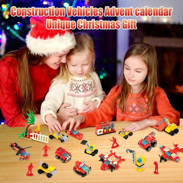 Christmas Advent Calendar, Kids 24 Days Countdown Different Construction Vehicles Fire Truck Building Blocks for Boys Girls Toddlers Teen Age 3 Up