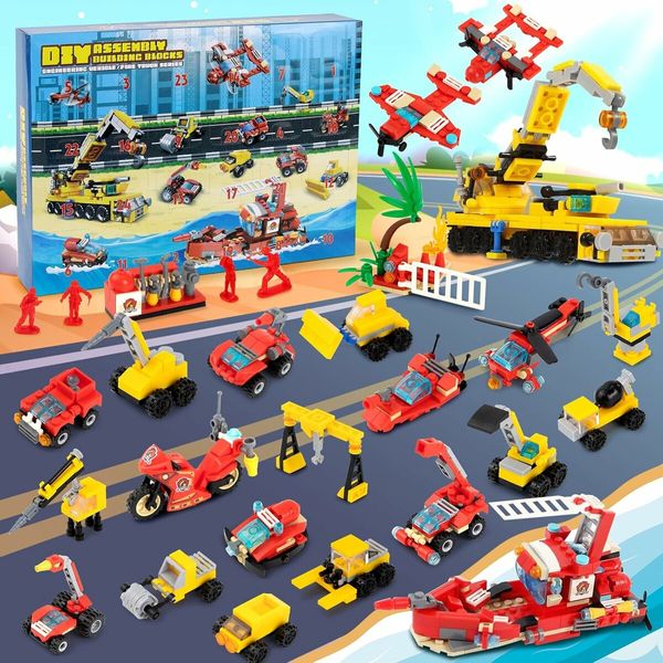 Christmas Advent Calendar, Kids 24 Days Countdown Different Construction Vehicles Fire Truck Building Blocks for Boys Girls Toddlers Teen Age 3 Up