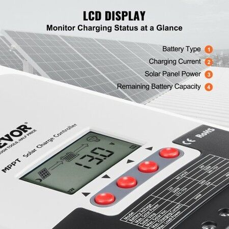 20A MPPT Solar Charge Controller Auto DC Input Solar Panel Regulator Charger w/ LCD Display Temperature Sensor Cable for Sealed(AGM) Gel Flooded & Lithium