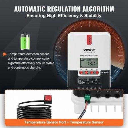 20A MPPT Solar Charge Controller Auto DC Input Solar Panel Regulator Charger w/ LCD Display Temperature Sensor Cable for Sealed(AGM) Gel Flooded & Lithium