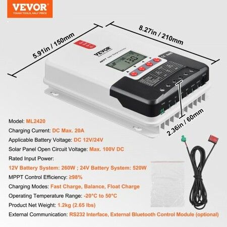 20A MPPT Solar Charge Controller Auto DC Input Solar Panel Regulator Charger w/ LCD Display Temperature Sensor Cable for Sealed(AGM) Gel Flooded & Lithium