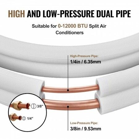 4876.8mm Mini Split Line Set 6.4 & 9.5mm O.D Copper Pipes Tubing and Triple-Layer Insulation for Air Conditioning or Heating Pump Equipment & HVAC