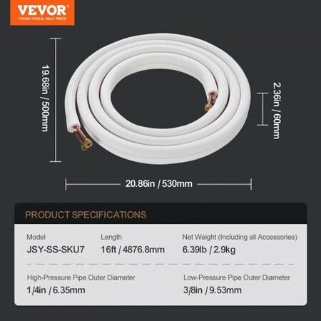 4876.8mm Mini Split Line Set 6.4 & 9.5mm O.D Copper Pipes Tubing and Triple-Layer Insulation for Air Conditioning or Heating Pump Equipment & HVAC