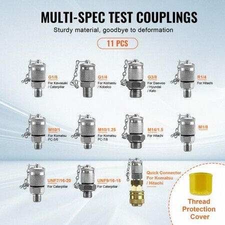 Hydraulic Pressure Test Kit 250/400/600bar 3 Gauges 11 Test Couplings 3 Test Hoses Excavator Hydraulic Test Gauge Set with Portable Carrying Case