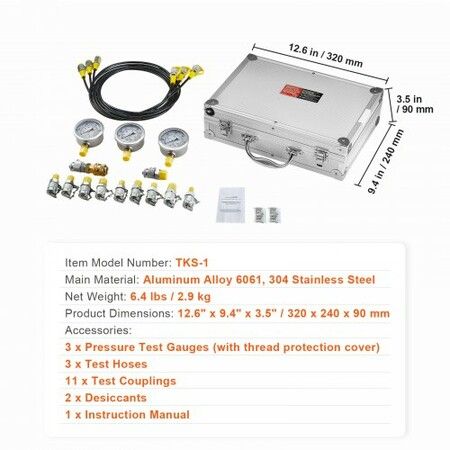 Hydraulic Pressure Test Kit 250/400/600bar 3 Gauges 11 Test Couplings 3 Test Hoses Excavator Hydraulic Test Gauge Set with Portable Carrying Case