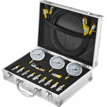 Hydraulic Pressure Test Kit 250/400/600bar 3 Gauges 11 Test Couplings 3 Test Hoses Excavator Hydraulic Test Gauge Set with Portable Carrying Case