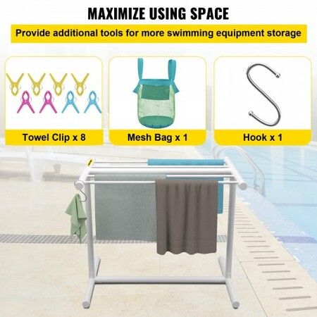 Pool Towel Rack 5 Bar White Freestanding Outdoor PVC T-Shape Poolside Storage Organizer Include 8 Towel Clips Mesh Bag Hook Also Stores Floats and Paddles