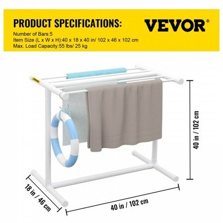 Pool Towel Rack 5 Bar White Freestanding Outdoor PVC T-Shape Poolside Storage Organizer Include 8 Towel Clips Mesh Bag Hook Also Stores Floats and Paddles