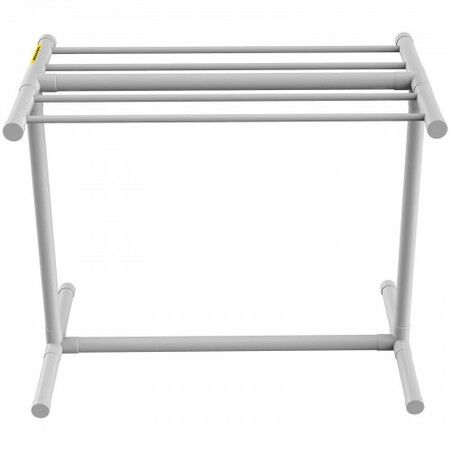 Pool Towel Rack 5 Bar White Freestanding Outdoor PVC T-Shape Poolside Storage Organizer Include 8 Towel Clips Mesh Bag Hook Also Stores Floats and Paddles