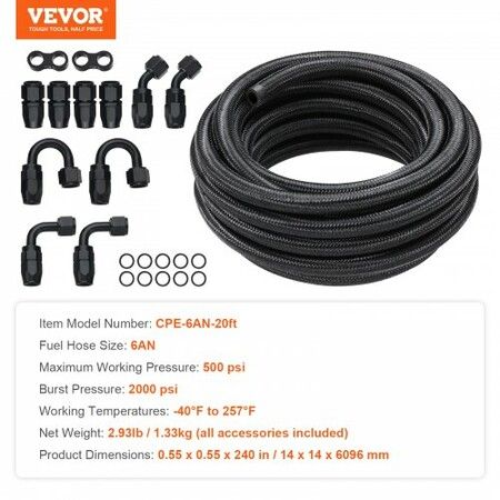 6AN 20 FT Fuel Line Kit Stainless Steel Nylon Braided 12 Hose End Fitting