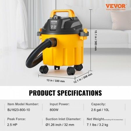 Wet/Dry Shop Vacuum Vac 10L 2 Peak HP w/ Nozzle Rich Attachments Yellow