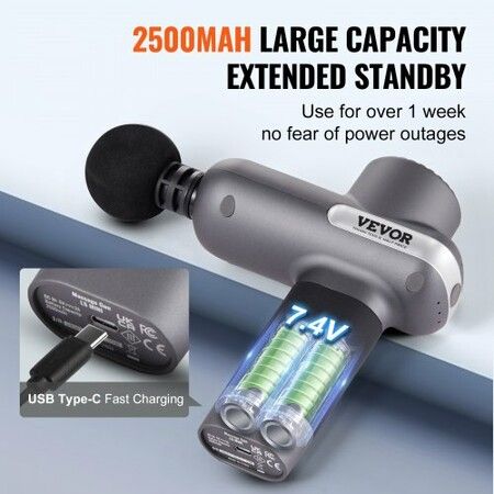 Massage Gun Deep Tissue Percussion Muscle Massager for Athletes with 5 Speed Levels & 6 Massage Heads 7.4V 2500mAh Batteries Handheld Electric Massage Gun