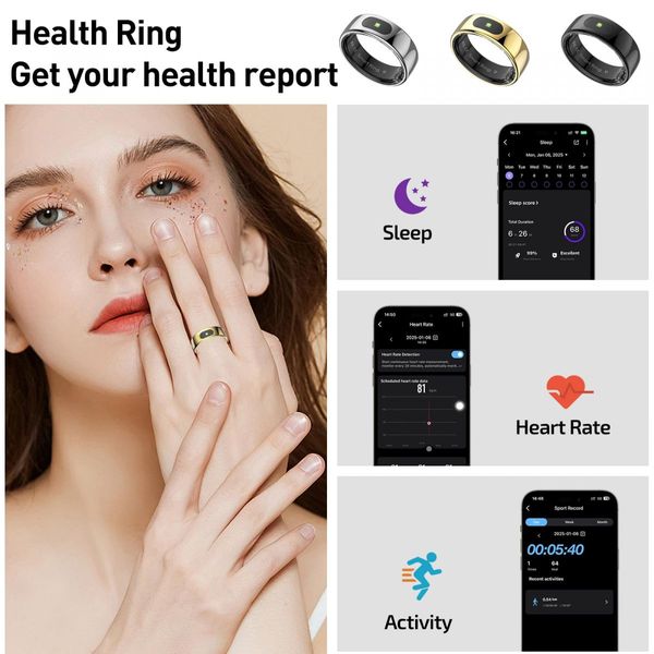 Smart Ring Tracker for Women & Men, Fitness Ring with Sleep & Motion Tracking, Touch Control,Compatible with iOS & Android (Black,10#)