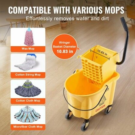 Mop Bucket with Wringer 26 Qt. Commercial Mop Bucket with Side Press Wringer Side-Press Mop Bucket and Wringer Combo on Wheels for Floor Cleaning Yellow