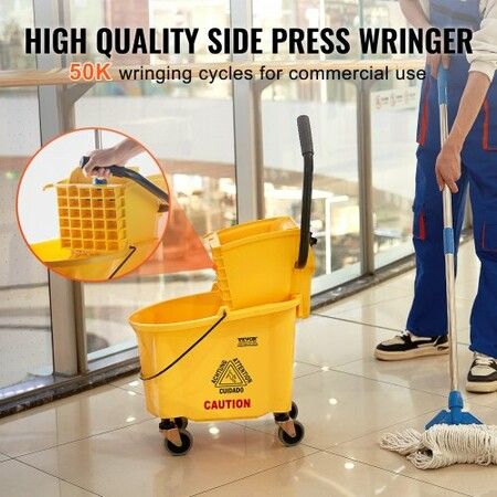 Mop Bucket with Wringer 26 Qt. Commercial Mop Bucket with Side Press Wringer Side-Press Mop Bucket and Wringer Combo on Wheels for Floor Cleaning Yellow