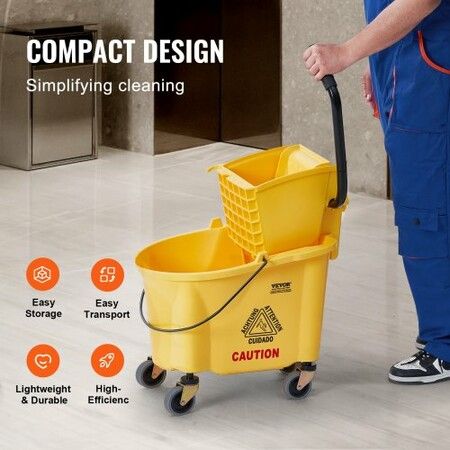 Mop Bucket with Wringer 26 Qt. Commercial Mop Bucket with Side Press Wringer Side-Press Mop Bucket and Wringer Combo on Wheels for Floor Cleaning Yellow