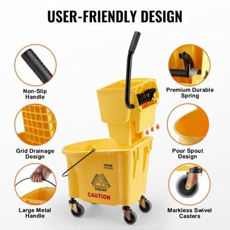 Mop Bucket with Wringer 26 Qt. Commercial Mop Bucket with Side Press Wringer Side-Press Mop Bucket and Wringer Combo on Wheels for Floor Cleaning Yellow