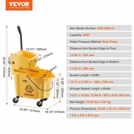 Mop Bucket with Wringer 26 Qt. Commercial Mop Bucket with Side Press Wringer Side-Press Mop Bucket and Wringer Combo on Wheels for Floor Cleaning Yellow