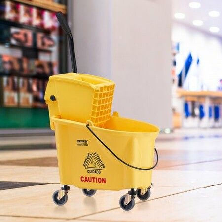 Mop Bucket with Wringer 26 Qt. Commercial Mop Bucket with Side Press Wringer Side-Press Mop Bucket and Wringer Combo on Wheels for Floor Cleaning Yellow