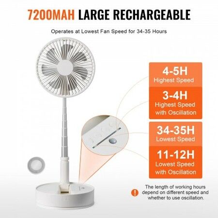 8 Inch Foldable Oscillating Standing Fan with Remote Control 4 Speed Adjustable Portable Desk Quiet Fan 7200mah Rechargeable USB Small Fan Folded Rotating