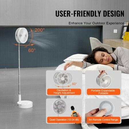 8 Inch Foldable Oscillating Standing Fan with Remote Control 4 Speed Adjustable Portable Desk Quiet Fan 7200mah Rechargeable USB Small Fan Folded Rotating