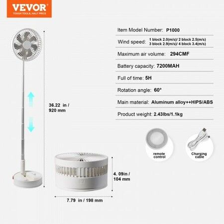 8 Inch Foldable Oscillating Standing Fan with Remote Control 4 Speed Adjustable Portable Desk Quiet Fan 7200mah Rechargeable USB Small Fan Folded Rotating