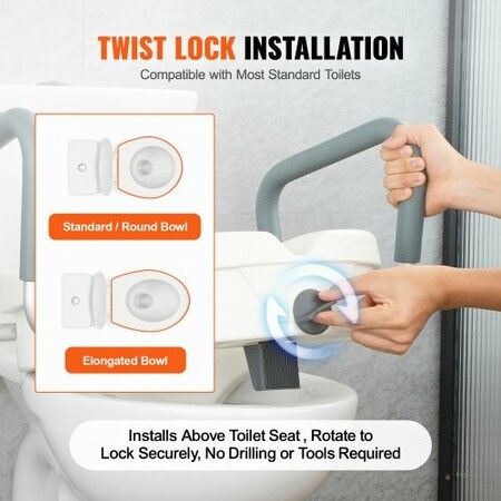 Raised Toilet Seat 5" Height Raised 350 lbs Weight Capacity for Round and Elongated Toilet Twist Lock Installation19.1" - 21.7" Adjustable Width