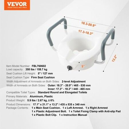 Raised Toilet Seat 5" Height Raised 350 lbs Weight Capacity for Round and Elongated Toilet Twist Lock Installation19.1" - 21.7" Adjustable Width