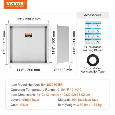 33.02 x 33.02 cm No Tile Shower Niche 304 Stainless Steel Wall-Inserted Niche Recessed Double Shelves Sealed Waterproof Rust-Resistant Modern Niche