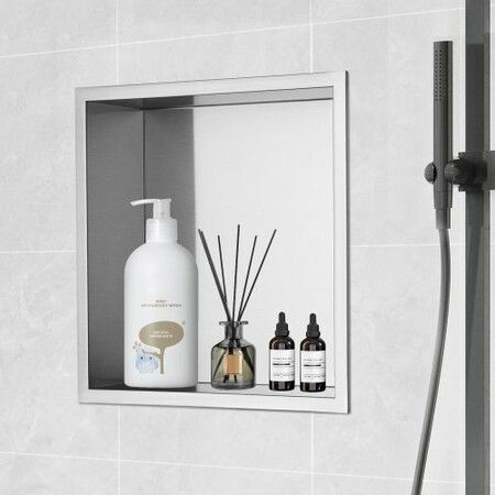 33.02 x 33.02 cm No Tile Shower Niche 304 Stainless Steel Wall-Inserted Niche Recessed Double Shelves Sealed Waterproof Rust-Resistant Modern Niche