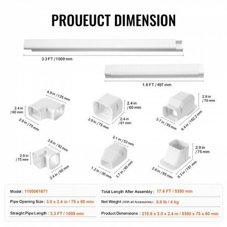 Mini Split Line Set Cover 76.2mm W 5350mm L PVC Decorative Pipe Line Cover For Air Conditioner with 4 Straight Ducts & Full Components Paintable