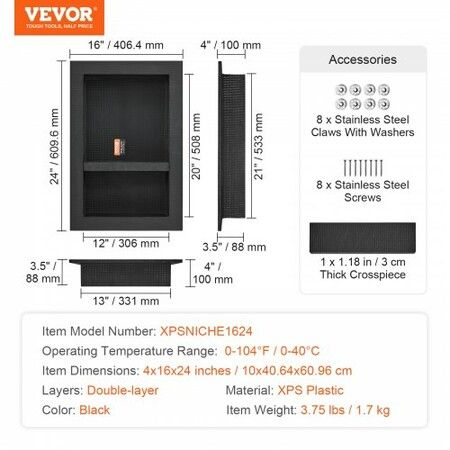 Shower Niche Ready for Tile 40.64 x 60.96 cm Double Shelf Organizer Square Corners Wall-inserted Niche Recessed Sealed Protection Modern Soap Storage Niche