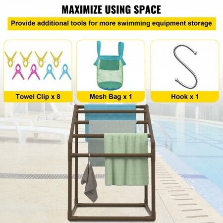 Pool Towel Rack 5 Bar Brown Freestanding Outdoor PVC Trapedozal Poolside Storage Organizer Include 8 Towel Clips Mesh Bag Hook Also Stores Floats & Paddles