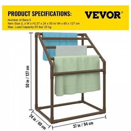 Pool Towel Rack 5 Bar Brown Freestanding Outdoor PVC Trapedozal Poolside Storage Organizer Include 8 Towel Clips Mesh Bag Hook Also Stores Floats & Paddles