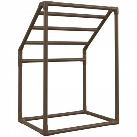 Pool Towel Rack 5 Bar Brown Freestanding Outdoor PVC Trapedozal Poolside Storage Organizer Include 8 Towel Clips Mesh Bag Hook Also Stores Floats & Paddles