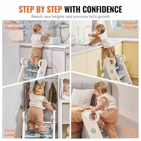 Toddler Step Stool Adjustable 3 Step to 2-Step Kids Kitchen Stool Helper Foldable Plastic Standing Tower Leaning Stool with Handles