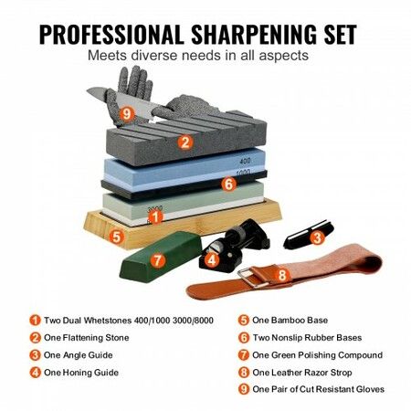 Whetstone Knife Sharpening Kit 2 Dual-Sided Grit Whetstones 400/1000 3000/8000 10PCS Knife Sharpener Kit with 3 Non-Slip Bases Angle & Honing Guide