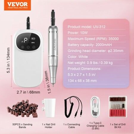 Electric Rechargeable Nail Drill 35000RPM Portable Cordless Nail E File Machine LCD-Display Acrylic Gel Grinder Tool with 6 Bits and 50PCS Sanding Bands