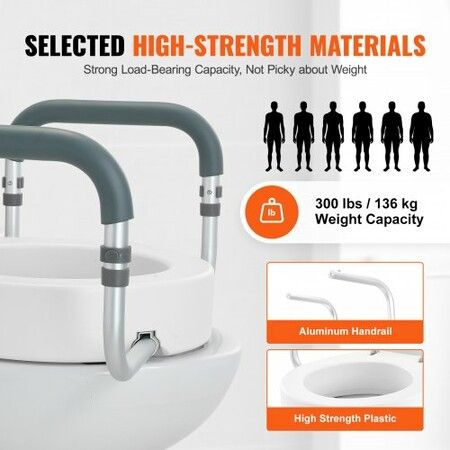 Raised Toilet Seat88.9 mm Height Raised 136 kg Weight Capacity for Standard Round Toilet Aluminum Handrail with EVA Armrest Padding for Elderly Handicap