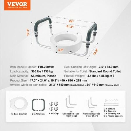 Raised Toilet Seat88.9 mm Height Raised 136 kg Weight Capacity for Standard Round Toilet Aluminum Handrail with EVA Armrest Padding for Elderly Handicap